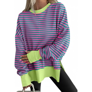 image:imageANRABESS Women Oversized Sweatshirts Thumbhole Long Sleeve Hoodies Shirts 2026 Fall Side Slit Pullover Top Teen Y2k OutfitsPink Green Striped