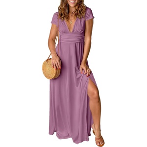 image:imageANRABESS Women Summer Deep V Neck Short Sleeve Dresses Slit Elegant Wedding Guest Formal Cocktail Evening Maxi Long DressDark Pink