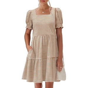 image:imageANRABESS Women Summer Square Neck Puff Short Sleeve Mini Dress 2026 Casual Flowy Sundress Beach Vacation Clothes with PocketsBrown White Striped