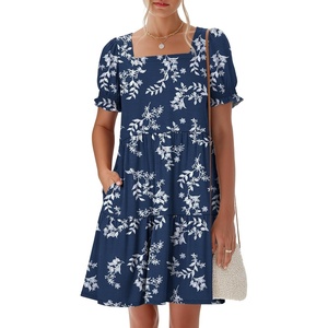 image:imageANRABESS Women Summer Square Neck Puff Short Sleeve Mini Dress 2026 Casual Flowy Sundress Beach Vacation Clothes with PocketsDark Navy Floral
