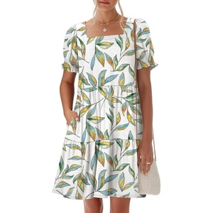 image:imageANRABESS Women Summer Square Neck Puff Short Sleeve Mini Dress 2026 Casual Flowy Sundress Beach Vacation Clothes with PocketsFloral Leaf