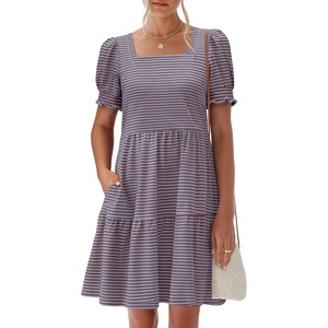 image:imageANRABESS Women Summer Square Neck Puff Short Sleeve Mini Dress 2026 Casual Flowy Sundress Beach Vacation Clothes with PocketsRed Blue Striped