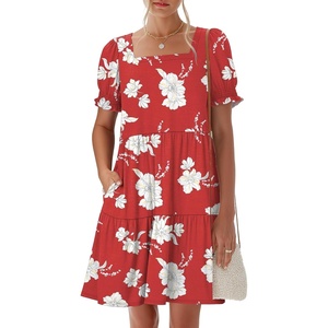 image:imageANRABESS Women Summer Square Neck Puff Short Sleeve Mini Dress 2026 Casual Flowy Sundress Beach Vacation Clothes with PocketsRed White Floral