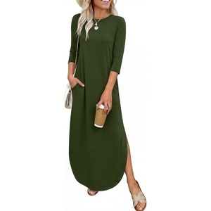 image:imageANRABESS Womens 34 Sleeve Maxi Dress amp Pockets  Soft Wrinkle Resistance FabricCasual LooseCrewneck SplitTravel Vacation Work AllDay WearFall Spring Transition OutfitsArmy Green