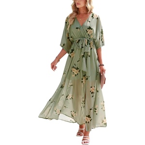 image:imageANRABESS Womens Boho Floral Wedding Guest Maxi Dress  Flowy ALine Chiffon with Slit Elegant V Neck Wrap Elastic Waist Casual 12 Sleeve Spring Summer Outfits Tea PartyFloral Green