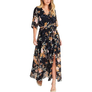 image:imageANRABESS Womens Boho Floral Wedding Guest Maxi Dress  Flowy ALine Chiffon with Slit Elegant V Neck Wrap Elastic Waist Casual 12 Sleeve Spring Summer Outfits Tea PartyFloral Black Yellow
