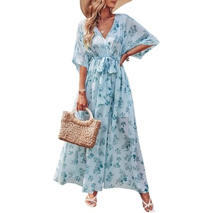 image:imageANRABESS Womens Boho Floral Wedding Guest Maxi Dress  Flowy ALine Chiffon with Slit Elegant V Neck Wrap Elastic Waist Casual 12 Sleeve Spring Summer Outfits Tea PartyGreen Leaf Print