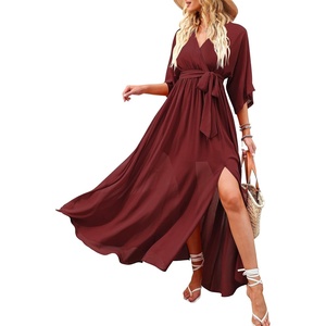 image:imageANRABESS Womens Boho Floral Wedding Guest Maxi Dress  Flowy ALine Chiffon with Slit Elegant V Neck Wrap Elastic Waist Casual 12 Sleeve Spring Summer Outfits Tea PartyRed