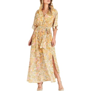 image:imageANRABESS Womens Boho Floral Wedding Guest Maxi Dress  Flowy ALine Chiffon with Slit Elegant V Neck Wrap Elastic Waist Casual 12 Sleeve Spring Summer Outfits Tea PartyFloral Yellow Pink