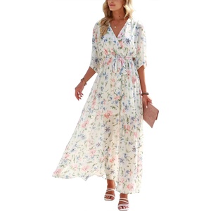 image:imageANRABESS Womens Boho Floral Wedding Guest Maxi Dress  Flowy ALine Chiffon with Slit Elegant V Neck Wrap Elastic Waist Casual 12 Sleeve Spring Summer Outfits Tea PartyFloral Pink Blue