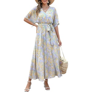 image:imageANRABESS Womens Boho Floral Wedding Guest Maxi Dress  Flowy ALine Chiffon with Slit Elegant V Neck Wrap Elastic Waist Casual 12 Sleeve Spring Summer Outfits Tea PartyFloral Blue Yellow