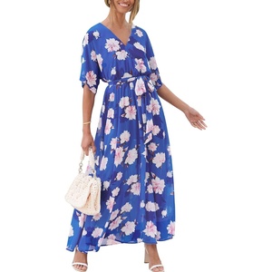 image:imageANRABESS Womens Boho Floral Wedding Guest Maxi Dress  Flowy ALine Chiffon with Slit Elegant V Neck Wrap Elastic Waist Casual 12 Sleeve Spring Summer Outfits Tea PartyFloral Blue