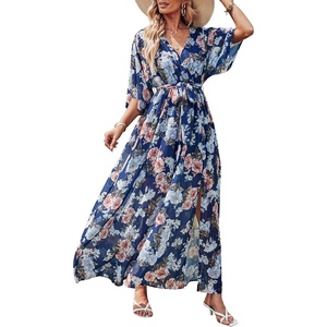 image:imageANRABESS Womens Boho Floral Wedding Guest Maxi Dress  Flowy ALine Chiffon with Slit Elegant V Neck Wrap Elastic Waist Casual 12 Sleeve Spring Summer Outfits Tea PartyNavy Flor