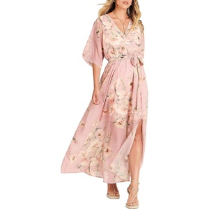 image:imageANRABESS Womens Boho Floral Wedding Guest Maxi Dress  Flowy ALine Chiffon with Slit Elegant V Neck Wrap Elastic Waist Casual 12 Sleeve Spring Summer Outfits Tea PartyFloral Pink