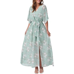 image:imageANRABESS Womens Boho Floral Wedding Guest Maxi Dress  Flowy ALine Chiffon with Slit Elegant V Neck Wrap Elastic Waist Casual 12 Sleeve Spring Summer Outfits Tea PartyFloral Lake