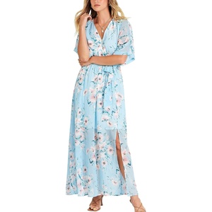 image:imageANRABESS Womens Boho Floral Wedding Guest Maxi Dress  Flowy ALine Chiffon with Slit Elegant V Neck Wrap Elastic Waist Casual 12 Sleeve Spring Summer Outfits Tea PartyBlue Flor