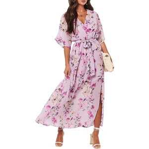 image:imageANRABESS Womens Boho Floral Wedding Guest Maxi Dress  Flowy ALine Chiffon with Slit Elegant V Neck Wrap Elastic Waist Casual 12 Sleeve Spring Summer Outfits Tea PartyFloral Purple