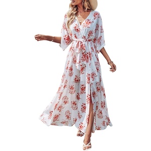 image:imageANRABESS Womens Boho Floral Wedding Guest Maxi Dress  Flowy ALine Chiffon with Slit Elegant V Neck Wrap Elastic Waist Casual 12 Sleeve Spring Summer Outfits Tea PartyRed Flor