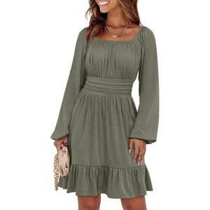 image:imageANRABESS Womens Dress Long Lantern Sleeve Square Neck Elastic Waist Ruffle Flowy Swing ALine Short Dresses 2026 Fall FashionArmy Green
