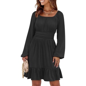 image:imageANRABESS Womens Dress Long Lantern Sleeve Square Neck Elastic Waist Ruffle Flowy Swing ALine Short Dresses 2026 Fall FashionBlack
