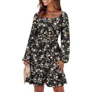 image:imageANRABESS Womens Dress Long Lantern Sleeve Square Neck Elastic Waist Ruffle Flowy Swing ALine Short Dresses 2026 Fall FashionBlack Floral