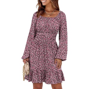 image:imageANRABESS Womens Dress Long Lantern Sleeve Square Neck Elastic Waist Ruffle Flowy Swing ALine Short Dresses 2026 Fall FashionBlack Pink Floral