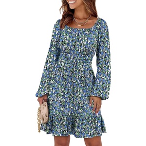 image:imageANRABESS Womens Dress Long Lantern Sleeve Square Neck Elastic Waist Ruffle Flowy Swing ALine Short Dresses 2026 Fall FashionBlue Black Floral
