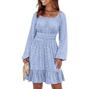 image:imageANRABESS Womens Dress Long Lantern Sleeve Square Neck Elastic Waist Ruffle Flowy Swing ALine Short Dresses 2026 Fall FashionBlue White Floral