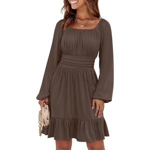 image:imageANRABESS Womens Dress Long Lantern Sleeve Square Neck Elastic Waist Ruffle Flowy Swing ALine Short Dresses 2026 Fall FashionBrown