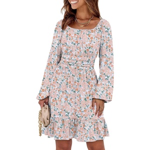 image:imageANRABESS Womens Dress Long Lantern Sleeve Square Neck Elastic Waist Ruffle Flowy Swing ALine Short Dresses 2026 Fall FashionCoral Floral