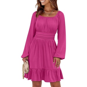 image:imageANRABESS Womens Dress Long Lantern Sleeve Square Neck Elastic Waist Ruffle Flowy Swing ALine Short Dresses 2026 Fall FashionDark Pink