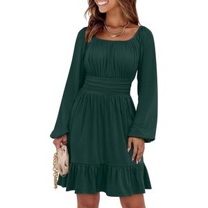 image:imageANRABESS Womens Dress Long Lantern Sleeve Square Neck Elastic Waist Ruffle Flowy Swing ALine Short Dresses 2026 Fall FashionDeep Green