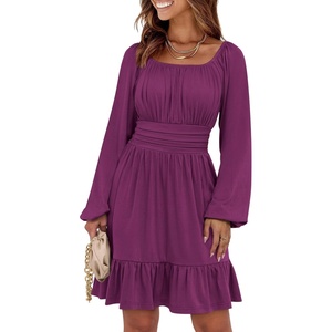 image:imageANRABESS Womens Dress Long Lantern Sleeve Square Neck Elastic Waist Ruffle Flowy Swing ALine Short Dresses 2026 Fall FashionDeep Purple