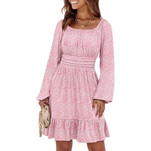 image:imageANRABESS Womens Dress Long Lantern Sleeve Square Neck Elastic Waist Ruffle Flowy Swing ALine Short Dresses 2026 Fall FashionFloral Pink
