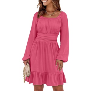 image:imageANRABESS Womens Dress Long Lantern Sleeve Square Neck Elastic Waist Ruffle Flowy Swing ALine Short Dresses 2026 Fall FashionHot Pink