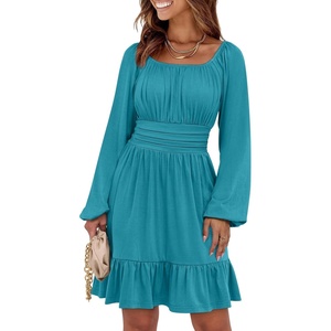 image:imageANRABESS Womens Dress Long Lantern Sleeve Square Neck Elastic Waist Ruffle Flowy Swing ALine Short Dresses 2026 Fall FashionLake