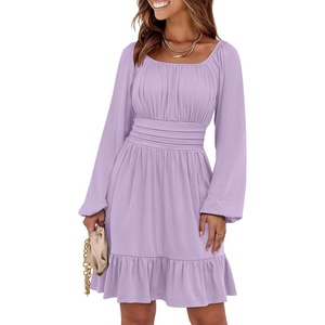 image:imageANRABESS Womens Dress Long Lantern Sleeve Square Neck Elastic Waist Ruffle Flowy Swing ALine Short Dresses 2026 Fall FashionLight Purple