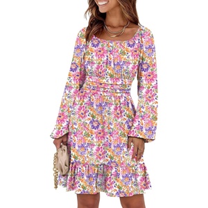 image:imageANRABESS Womens Dress Long Lantern Sleeve Square Neck Elastic Waist Ruffle Flowy Swing ALine Short Dresses 2026 Fall FashionMulticolor Floral