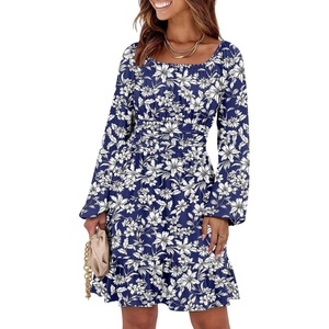 image:imageANRABESS Womens Dress Long Lantern Sleeve Square Neck Elastic Waist Ruffle Flowy Swing ALine Short Dresses 2026 Fall FashionNavy White Floral