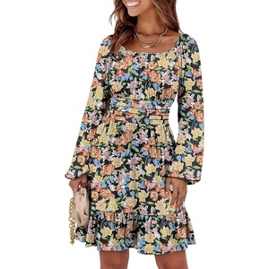 image:imageANRABESS Womens Dress Long Lantern Sleeve Square Neck Elastic Waist Ruffle Flowy Swing ALine Short Dresses 2026 Fall FashionPrint Black Floral