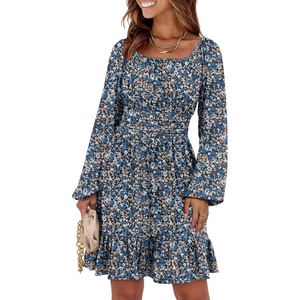 image:imageANRABESS Womens Dress Long Lantern Sleeve Square Neck Elastic Waist Ruffle Flowy Swing ALine Short Dresses 2026 Fall FashionPrint Blue White