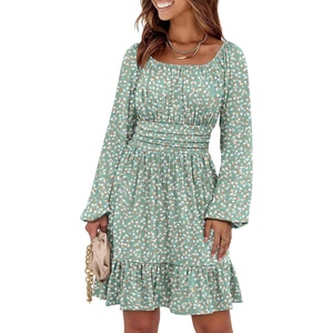 image:imageANRABESS Womens Dress Long Lantern Sleeve Square Neck Elastic Waist Ruffle Flowy Swing ALine Short Dresses 2026 Fall FashionPrint Orange White