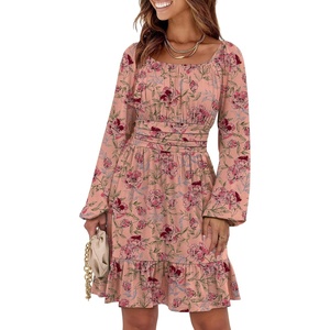 image:imageANRABESS Womens Dress Long Lantern Sleeve Square Neck Elastic Waist Ruffle Flowy Swing ALine Short Dresses 2026 Fall FashionPrint Rose Pink