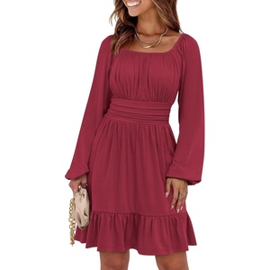 image:imageANRABESS Womens Dress Long Lantern Sleeve Square Neck Elastic Waist Ruffle Flowy Swing ALine Short Dresses 2026 Fall FashionRed
