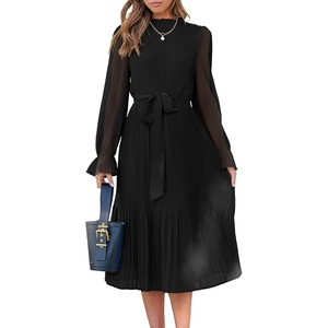 image:imageANRABESS Womens Floral Chiffon Midi Dress Puff Long Sleeve Mock Neck Summer Wedding Guest Party Dresses Fall 2026 OutfitsBlack