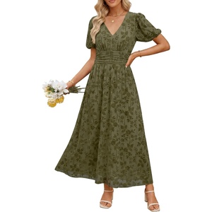 image:imageANRABESS Womens Floral Maxi Formal Dress Summer Mesh Short Sleeve V Neck Empire Waist Wedding Guest Party DressesArmy Green Floral