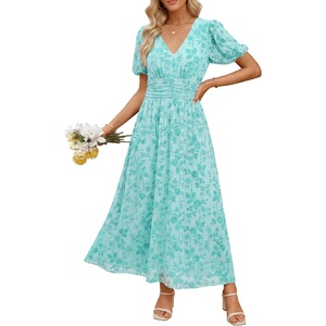image:imageANRABESS Womens Floral Maxi Formal Dress Summer Mesh Short Sleeve V Neck Empire Waist Wedding Guest Party DressesLight Blue Floral