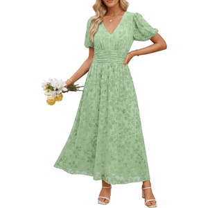 image:imageANRABESS Womens Floral Maxi Formal Dress Summer Mesh Short Sleeve V Neck Empire Waist Wedding Guest Party DressesLight Green Floral