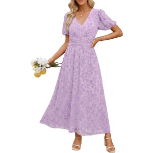 image:imageANRABESS Womens Floral Maxi Formal Dress Summer Mesh Short Sleeve V Neck Empire Waist Wedding Guest Party DressesLight Purple Floral