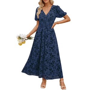 image:imageANRABESS Womens Floral Maxi Formal Dress Summer Mesh Short Sleeve V Neck Empire Waist Wedding Guest Party DressesNavy Blue Floral